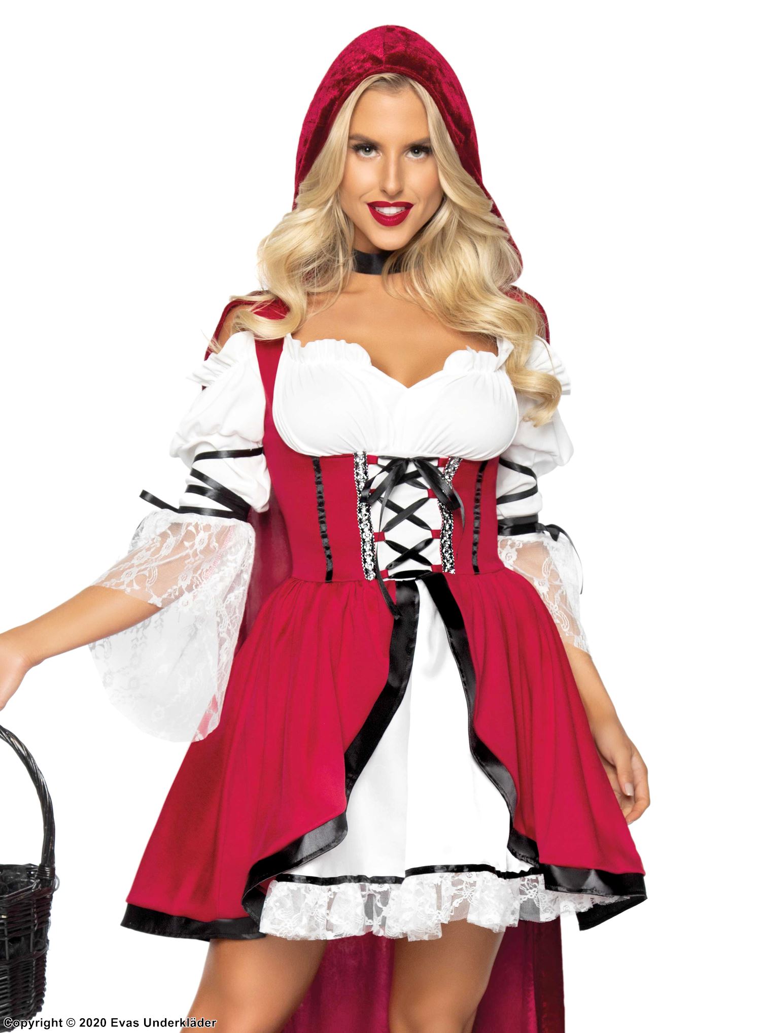 Red Riding Hood, costume dress, satin trim, hood, cape, peasant sleeves